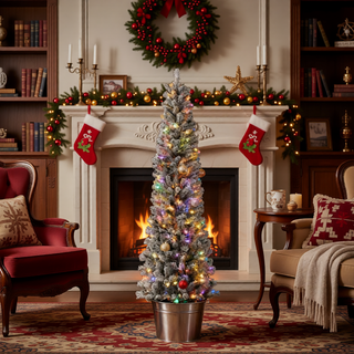 Sunvega Pencil Artificial Xmas Tree with Faux Snow Flocked Full Branch Tips Flame-retardant