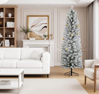 Sunvega Pencil Artificial Xmas Tree with Faux Snow Flocked Full Branch Tips Flame-retardant