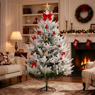 Sunvega Pencil Artificial Xmas Tree with Faux Snow Flocked Full Branch Tips Flame-retardant