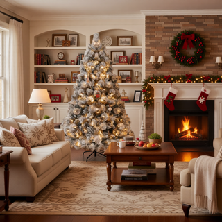 Sunvega Pencil Artificial Xmas Tree with Faux Snow Flocked Full Branch Tips Flame-retardant