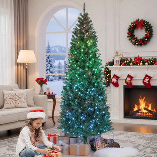 Sunvega Pencil Artificial Xmas Tree with Faux Snow Flocked Full Branch Tips Flame-retardant