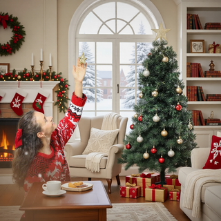Sunvega Pencil Artificial Xmas Tree with Faux Snow Flocked Full Branch Tips Flame-retardant