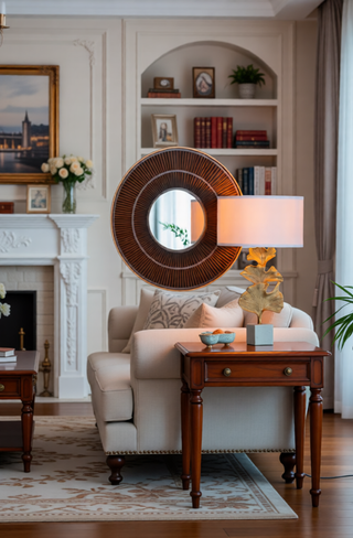 Sunvega Gold and White Leaf Design Table Lamp with Marble Base and Fabric Shade
