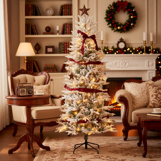 Sunvega Pencil Artificial Xmas Tree with Faux Snow Flocked Full Branch Tips Flame-retardant