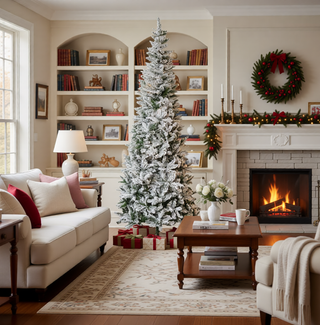 Sunvega Pencil Artificial Xmas Tree with Faux Snow Flocked Full Branch Tips Flame-retardant