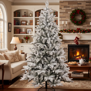 Sunvega Pencil Artificial Xmas Tree with Faux Snow Flocked Full Branch Tips Flame-retardant