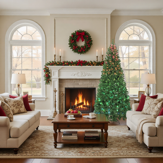 Sunvega Pencil Artificial Xmas Tree with Faux Snow Flocked Full Branch Tips Flame-retardant