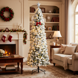 Sunvega Pencil Artificial Xmas Tree with Faux Snow Flocked Full Branch Tips Flame-retardant