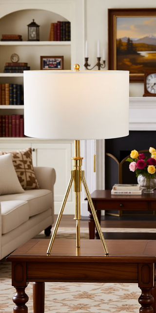 Sunvega Adjustable Tripod Table Lamp with Brushed Nickel Base and Fabric Shade