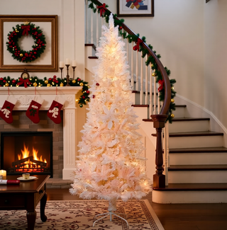 Sunvega Pencil Artificial Xmas Tree with Faux Snow Flocked Full Branch Tips Flame-retardant