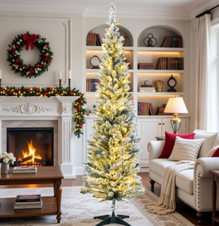 Sunvega Pencil Artificial Xmas Tree with Faux Snow Flocked Full Branch Tips Flame-retardant