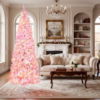 Sunvega Pencil Artificial Xmas Tree with Faux Snow Flocked Full Branch Tips Flame-retardant
