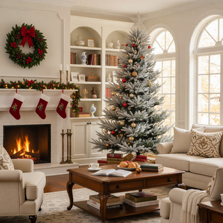Sunvega Pencil Artificial Xmas Tree with Faux Snow Flocked Full Branch Tips Flame-retardant