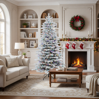 Sunvega Pencil Artificial Xmas Tree with Faux Snow Flocked Full Branch Tips Flame-retardant