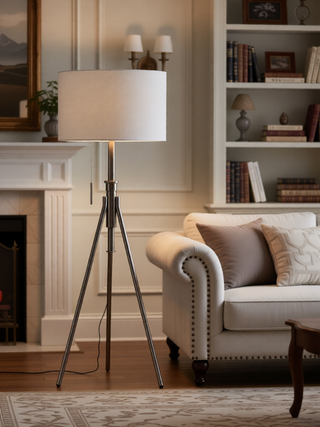 Sunvega Adjustable Tripod Table Lamp with Brushed Nickel Base and Fabric Shade