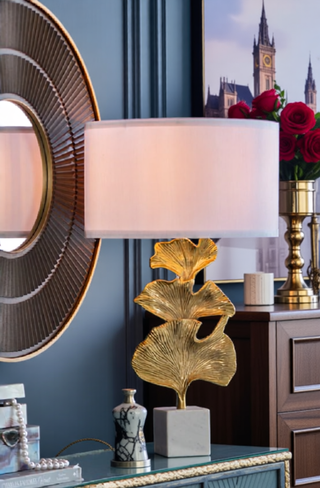 Sunvega Gold and White Leaf Design Table Lamp with Marble Base and Fabric Shade