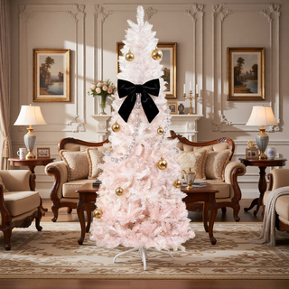 Sunvega Pencil Artificial Xmas Tree with Faux Snow Flocked Full Branch Tips Flame-retardant