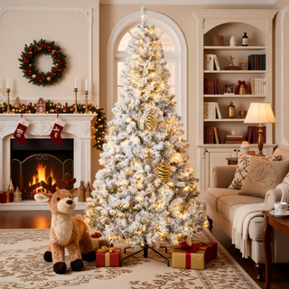 Sunvega Pencil Artificial Xmas Tree with Faux Snow Flocked Full Branch Tips Flame-retardant