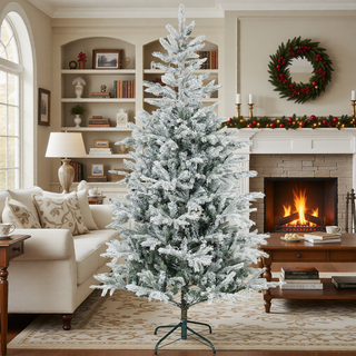 Sunvega Pencil Artificial Xmas Tree with Faux Snow Flocked Full Branch Tips Flame-retardant