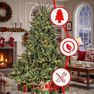 Sunvega 7FT Full-Shape Pre-Lit Christmas Tree with 750 UL Lights and Hinged Structure