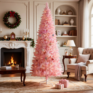 Sunvega Pencil Artificial Xmas Tree with Faux Snow Flocked Full Branch Tips Flame-retardant