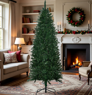 Sunvega Pencil Artificial Xmas Tree with Faux Snow Flocked Full Branch Tips Flame-retardant
