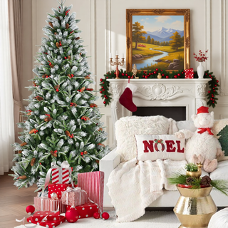 Sunvega Snow-Dusted Christmas Tree with Red Berries Pine Cones for Natural Holiday Decoration