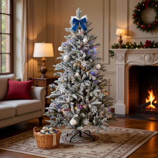 Sunvega Pencil Artificial Xmas Tree with Faux Snow Flocked Full Branch Tips Flame-retardant
