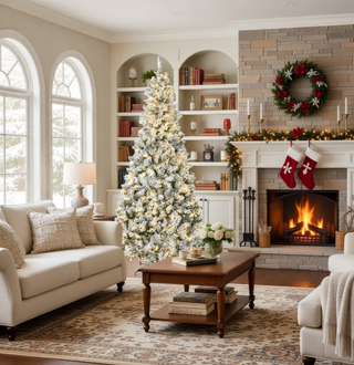 Sunvega Pencil Artificial Xmas Tree with Faux Snow Flocked Full Branch Tips Flame-retardant