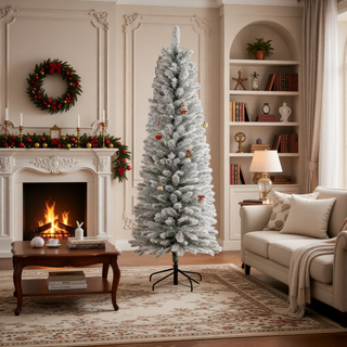 Sunvega Pencil Artificial Xmas Tree with Faux Snow Flocked Full Branch Tips Flame-retardant