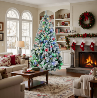 Sunvega Pencil Artificial Xmas Tree with Faux Snow Flocked Full Branch Tips Flame-retardant