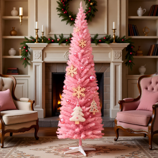 Sunvega Pencil Artificial Xmas Tree with Faux Snow Flocked Full Branch Tips Flame-retardant