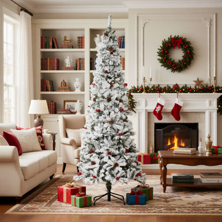 Sunvega Pencil Artificial Xmas Tree with Faux Snow Flocked Full Branch Tips Flame-retardant