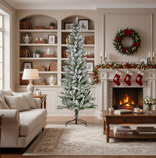 Sunvega Pencil Artificial Xmas Tree with Faux Snow Flocked Full Branch Tips Flame-retardant