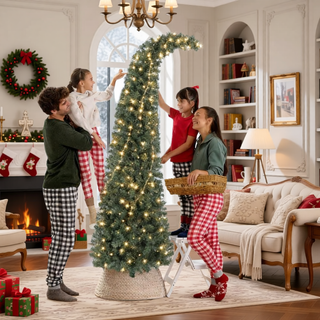 Sunvega Pencil Artificial Xmas Tree with Faux Snow Flocked Full Branch Tips Flame-retardant