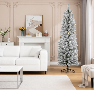 Sunvega Pencil Artificial Xmas Tree with Faux Snow Flocked Full Branch Tips Flame-retardant