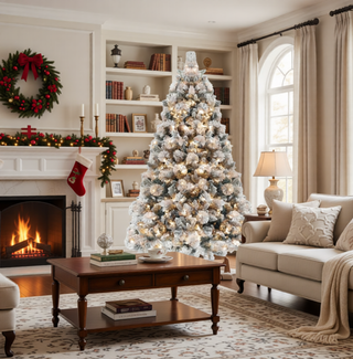 Sunvega Pencil Artificial Xmas Tree with Faux Snow Flocked Full Branch Tips Flame-retardant
