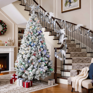 Sunvega Pencil Artificial Xmas Tree with Faux Snow Flocked Full Branch Tips Flame-retardant