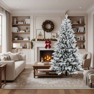 Sunvega Pencil Artificial Xmas Tree with Faux Snow Flocked Full Branch Tips Flame-retardant