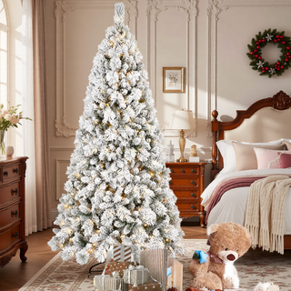 Sunvega Snowy Flocked 7FT Christmas Tree with 450 Warm White LED Lights and 1060 Tips
