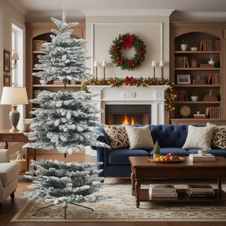 Sunvega Pencil Artificial Xmas Tree with Faux Snow Flocked Full Branch Tips Flame-retardant