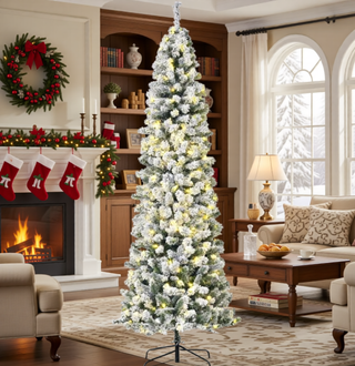 Sunvega Pencil Artificial Xmas Tree with Faux Snow Flocked Full Branch Tips Flame-retardant