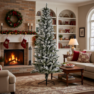Sunvega Pencil Artificial Xmas Tree with Faux Snow Flocked Full Branch Tips Flame-retardant