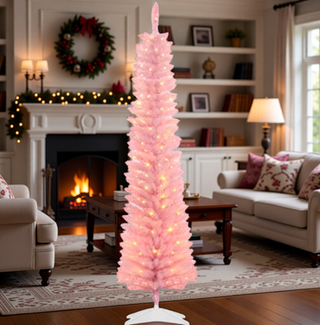 Sunvega Pencil Artificial Xmas Tree with Faux Snow Flocked Full Branch Tips Flame-retardant