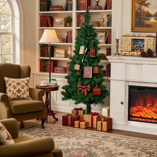 Sunvega Pencil Artificial Xmas Tree with Faux Snow Flocked Full Branch Tips Flame-retardant