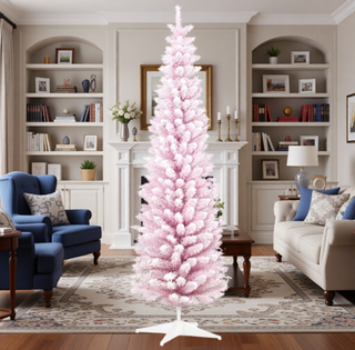 Sunvega Pencil Artificial Xmas Tree with Faux Snow Flocked Full Branch Tips Flame-retardant