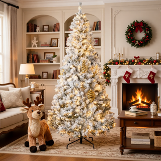 Sunvega Pencil Artificial Xmas Tree with Faux Snow Flocked Full Branch Tips Flame-retardant