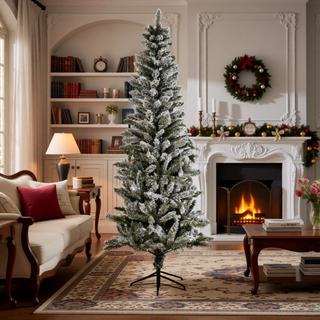 Sunvega Pencil Artificial Xmas Tree with Faux Snow Flocked Full Branch Tips Flame-retardant