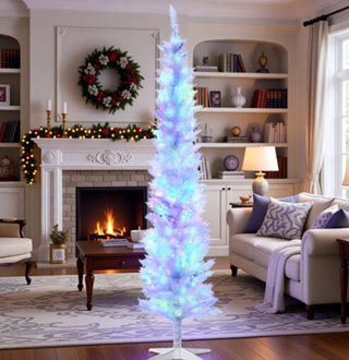 Sunvega Pencil Artificial Xmas Tree with Faux Snow Flocked Full Branch Tips Flame-retardant