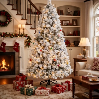 Sunvega Pencil Artificial Xmas Tree with Faux Snow Flocked Full Branch Tips Flame-retardant
